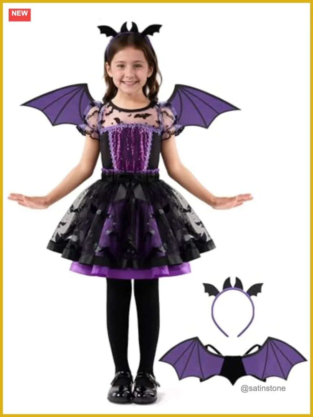 Girls Bat Tutu Costume Dress with Wings and Headband Halloween Outfit